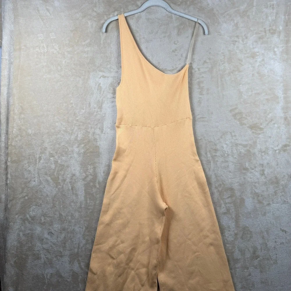 Free People FP Beach One Shoulder Ribbed Wide Leg Jumpsuit Peach M OB1133334